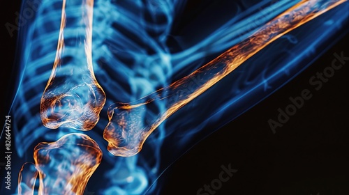 Neonenhanced Xray view of a human leg, highlighting bones and joints in vivid detail on a 3D medical screen, suitable for educational and diagnostic uses in human anatomy photo