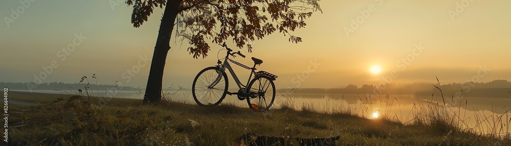 Obraz premium Serene sunrise by a lakeside with a bicycle resting against a tree, capturing the peaceful beauty of nature and the calm morning atmosphere.