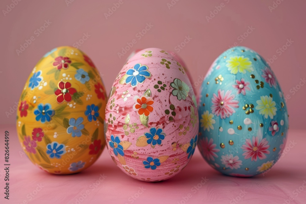 Fototapeta premium Three colorful easter eggs with floral designs.