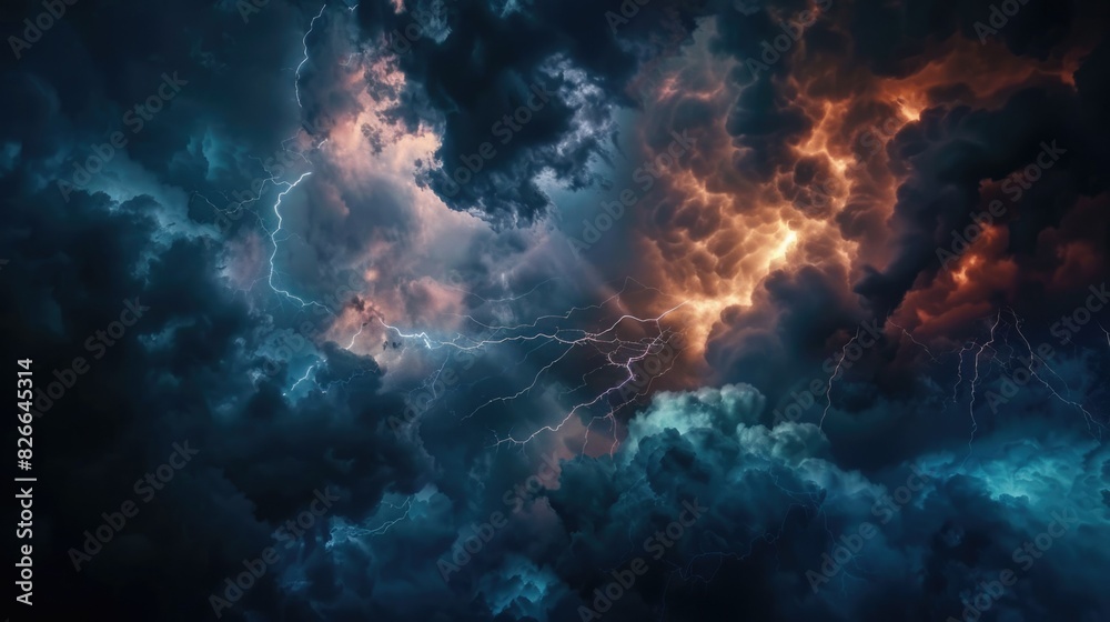 Dramatic stormy sky with lightning strikes and dark, ominous clouds. Dramatic stormy sky with lightning strikes and dark, ominous clouds.