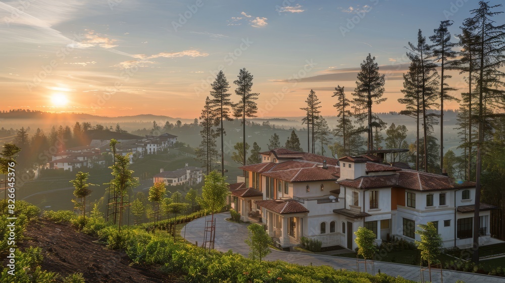 Photo of a sunlit, rural landscape with rolling hills, trees, and a farmhouse in the distance. The image captures the serene beauty of the countryside at sunrise Photo of a sunlit, rural landscape with rolling hills, trees, and a farmhouse in the distance. The image captures the serene beauty of the countryside at sunrise