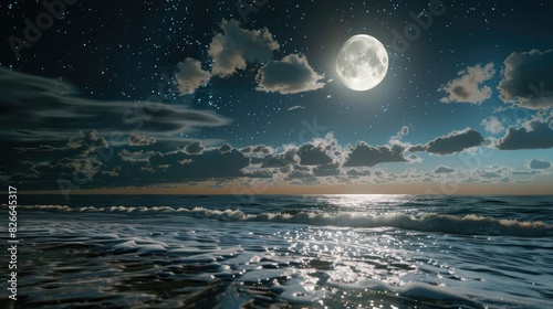 Full moon shining brightly over a calm ocean at night. The sky is filled with stars and clouds.