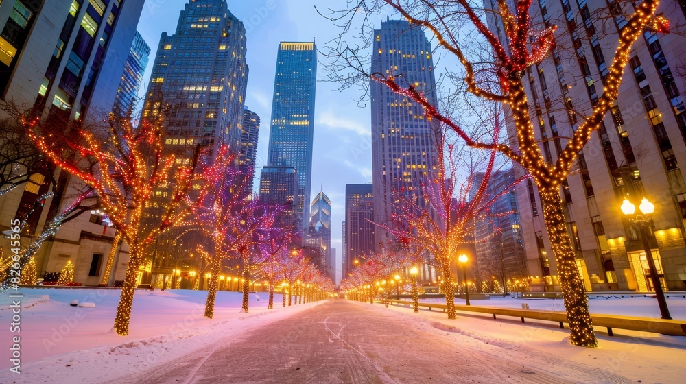 Photo of a city street lined with trees wrapped in colorful holiday lights, with tall buildings in the background. The scene captures the festive spirit of the urban winter season. Photo of a city street lined with trees wrapped in colorful holiday lights, with tall buildings in the background. The scene captures the festive spirit of the urban winter season.
