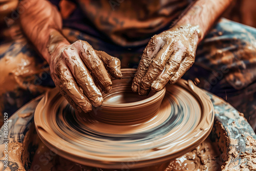 Person creating clay pot on potter's wheel