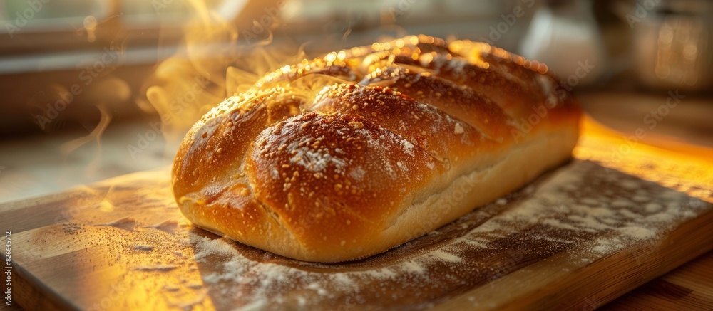 A loaf of bread is sitting on a wooden board. A loaf of bread is sitting on a wooden board.