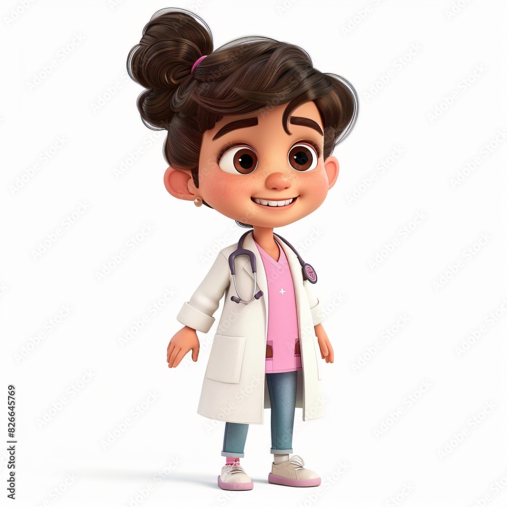 Cute Girl Cartoon in 3D Style Wearing Doctor Clothing, Smiling, Isolated on a White Background, Perfect for Medical and Children's Educational Illustrations, Promoting Health.