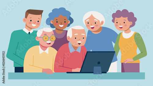 A group of seniors gathered around a computer screen laughing and chatting as they learn how to send emails to their grandchildren.. Vector illustration