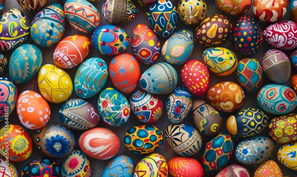 A group of colorful easter eggs with designs. A group of colorful easter eggs with designs.