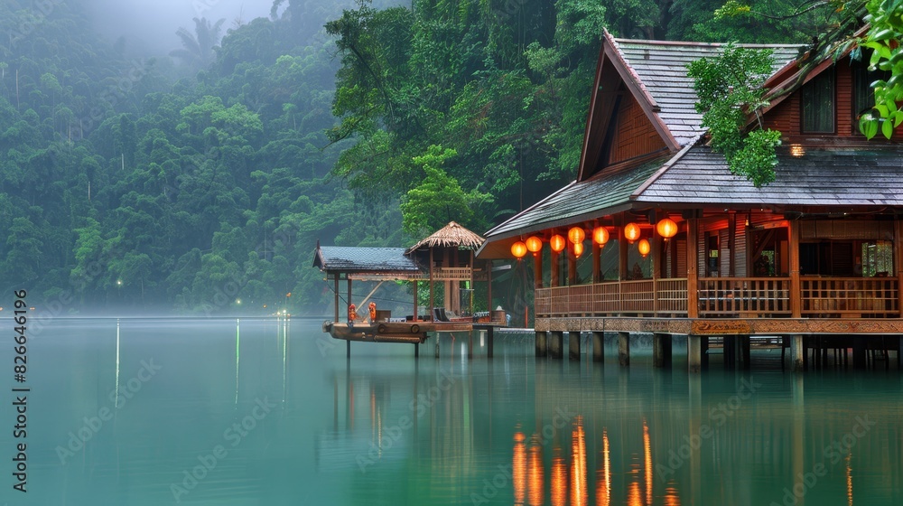 Fototapeta premium Photo of a modern lakeside cabin with large windows, reflecting on the calm water surrounded by evergreen trees. The image showcases a serene and picturesque setting, ideal for a getaway.