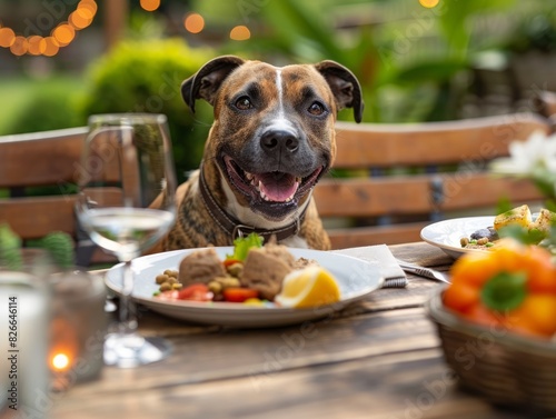 A dog sitting at a table with food and wine. © VISUAL BACKGROUND