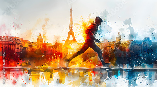 Watercolor illustration of athletes in a modern pentathlon with the Eiffel Tower in the background, symbolizing the Olympic Games in Paris, France photo