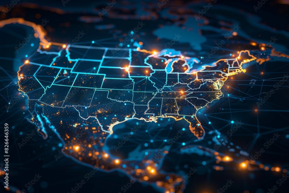 Digital map of america network connectivity created with generative ai Digital map of america network connectivity created with generative ai