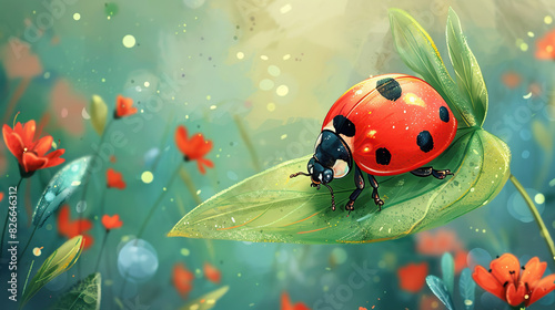 watercolor art on green abstract space for text Ladybird on green leaf of currant in summer Henosepilachna vigintioctopunctata species of horn beetle or called red  lady bug resting on a leaf  photo