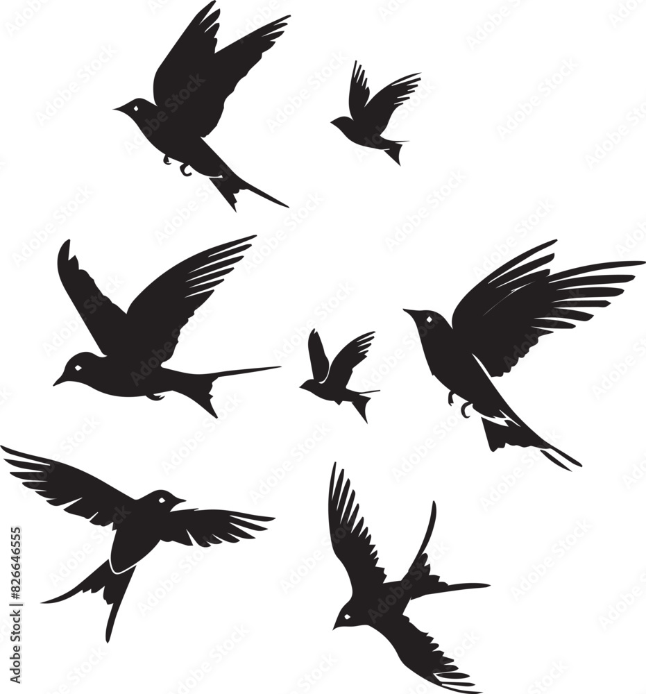 Silhouettes of birds swallow on white background	
