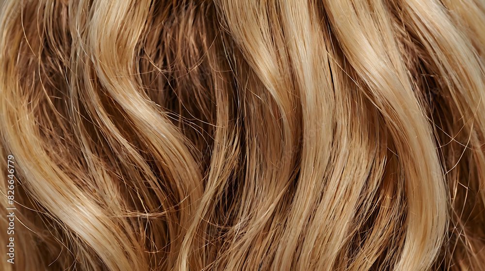 Closeup of Blonde shiny and wavy highlighted woman hair background texture
