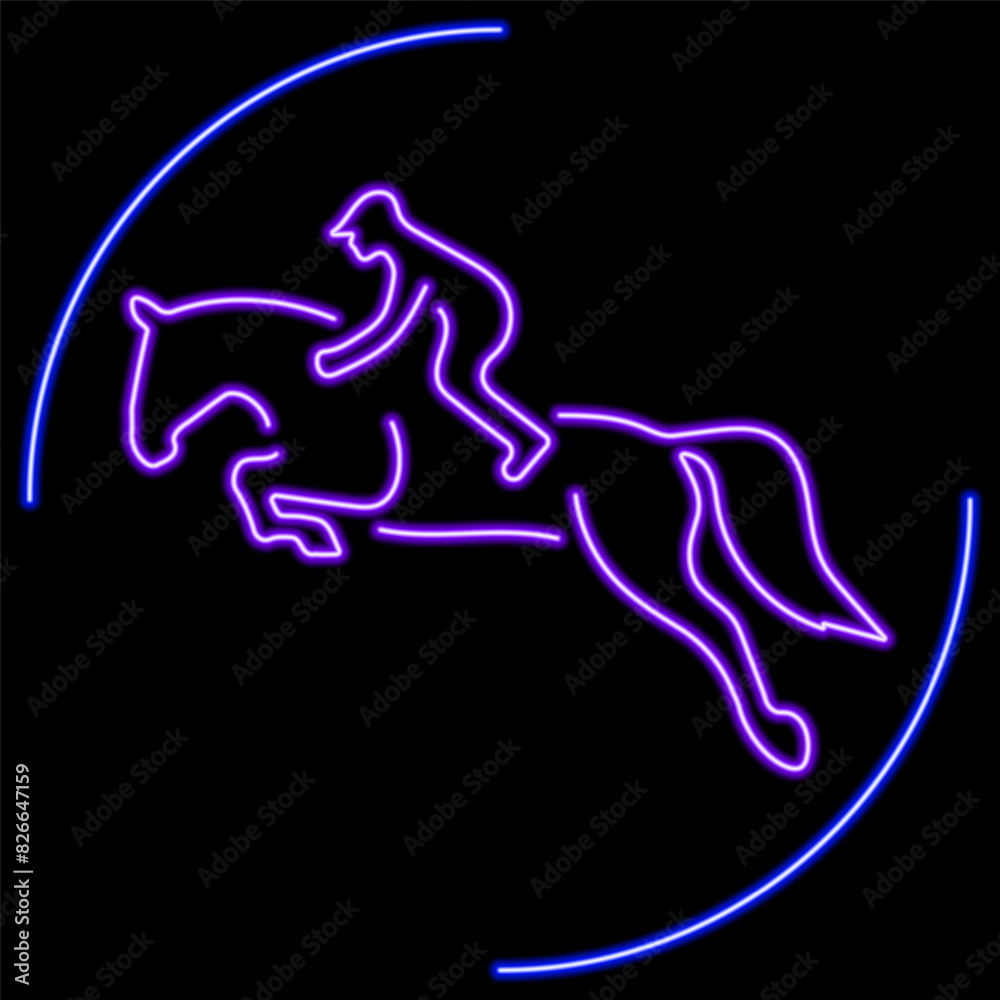 horseback riding neon sign, modern glowing banner design, colorful modern design trend on black background. Vector illustration.