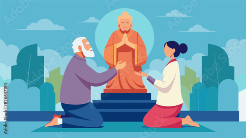 An elderly couple holding hands as they kneel in prayer before the towering statue of a deity at the pilgrimage site.. Vector illustration