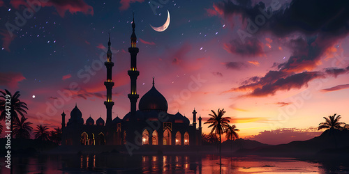 Islamic mosque at sunset with a beautiful moon in the sky creating a holy and serene night. 