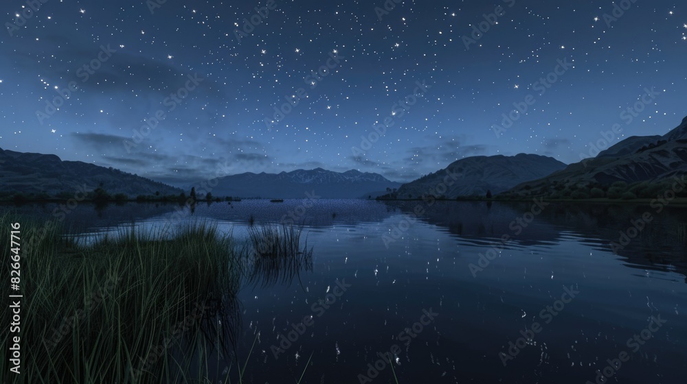 A tranquil lake scene at night with a starry sky reflecting in the calm water, mountains in the distance. A tranquil lake scene at night with a starry sky reflecting in the calm water, mountains in the distance.