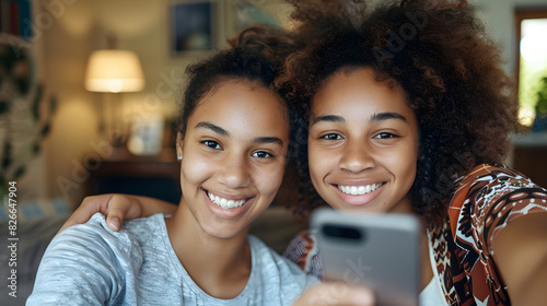 Smiling biracial teen daughter taking selfie with mother over smartphone at home, copy space