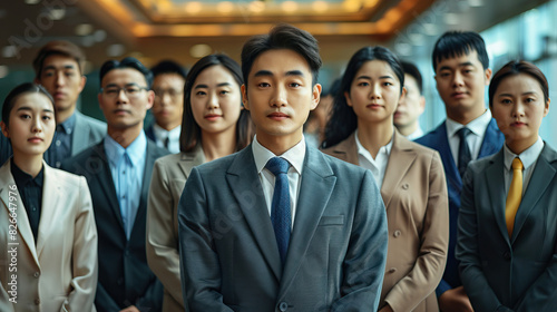 Group portrait of Asian business people , boss in front with colleagues in blur background, all wearing suits 