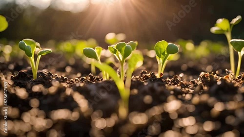 A cluster of young plants emerging from the soil in a garden, showcasing the process of growth and new life photo