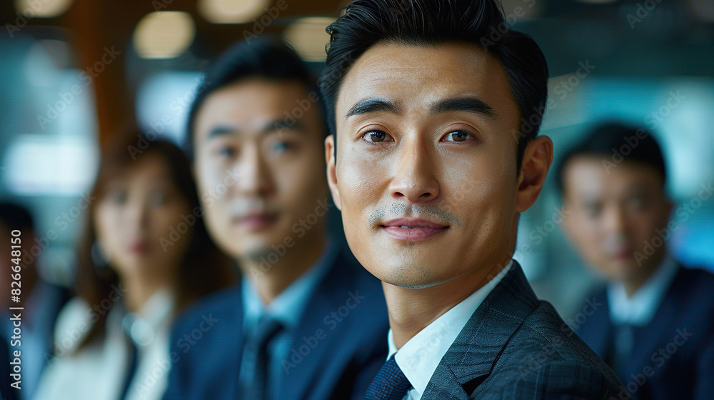Group portrait of Asian business people , boss in front with colleagues in blur background, all wearing suits Group portrait of Asian business people , boss in front with colleagues in blur background, all wearing suits