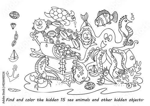 Find and color hidden objects in the picture. Underwater world. Coloring page for kids. Marine animals and fish life. Hidden object puzzle game. Sketch vector illustration of funny cartoon characters