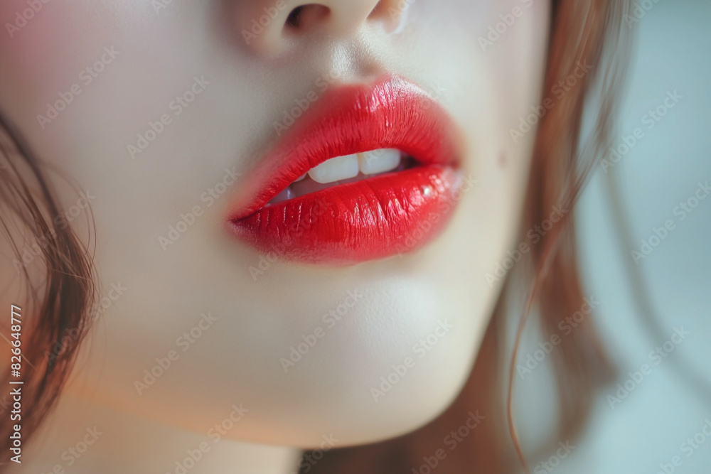 Fototapeta premium Asian Young female lips, the teen style lipgloss color is light red , the feeling of smiling with love in confidence