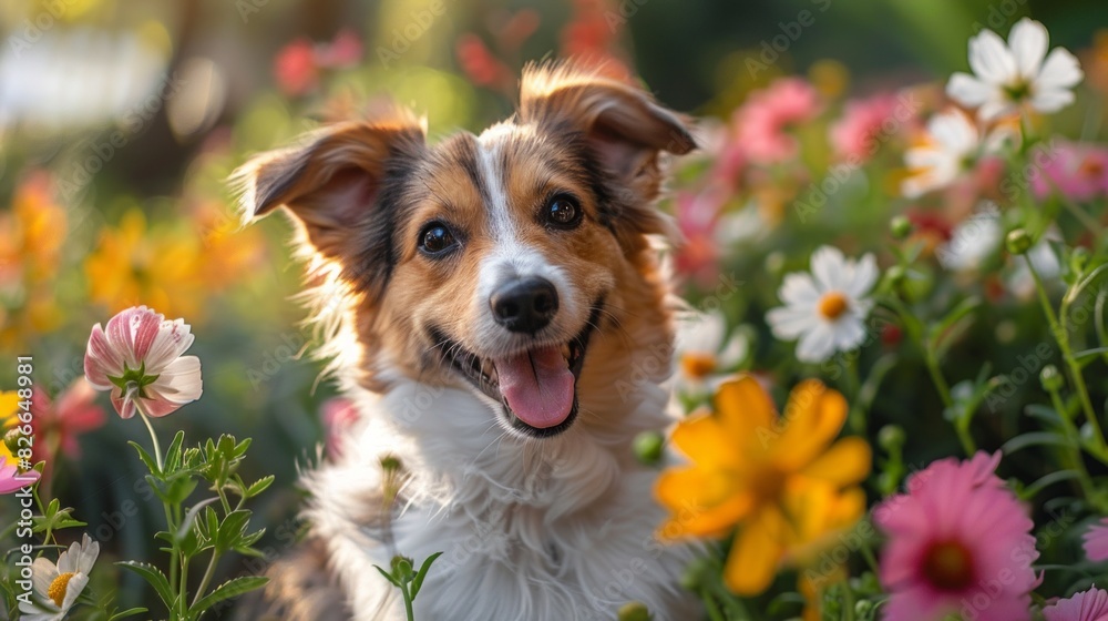 A dog is sitting in a field of flowers. A dog is sitting in a field of flowers.