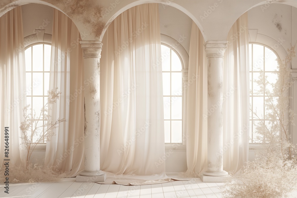 Airy room with flowing curtains and arches
