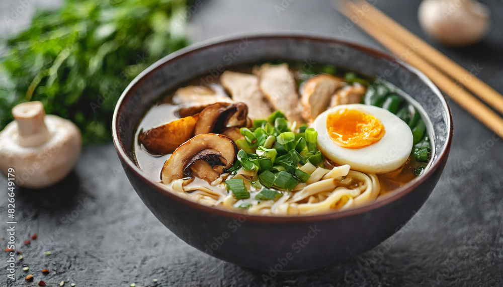 Japanese ramen soup with chicken, noodles, mushrooms, marinated egg, and vegetables on wooden table Japanese ramen soup with chicken, noodles, mushrooms, marinated egg, and vegetables on wooden table