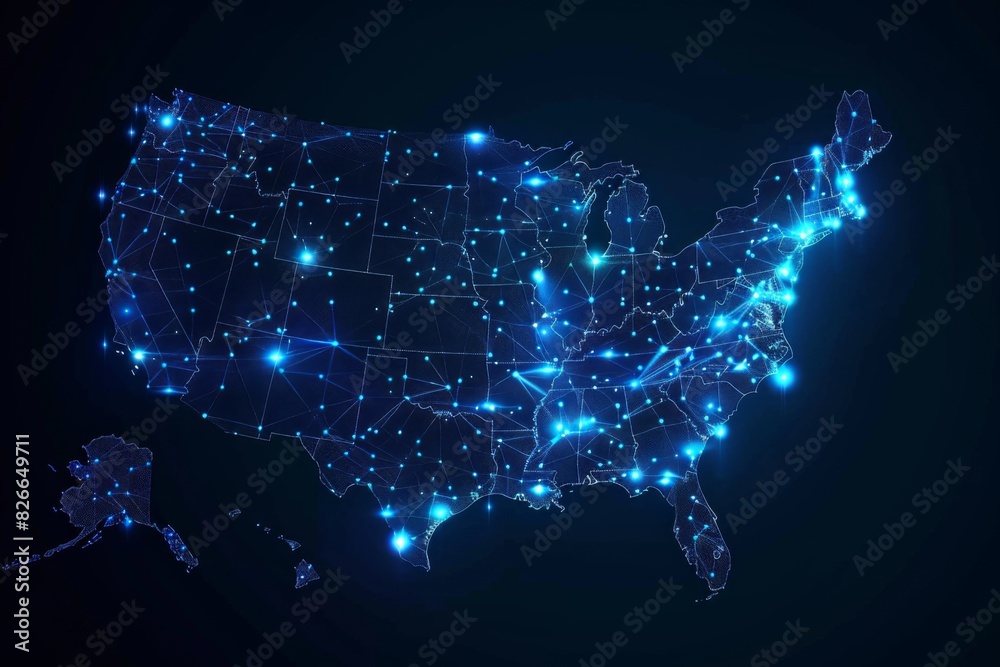 Digital map of america network connectivity created with generative ai Digital map of america network connectivity created with generative ai