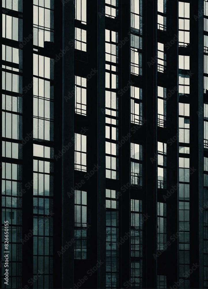 Dark urban building facade with repeating windows Dark urban building facade with repeating windows