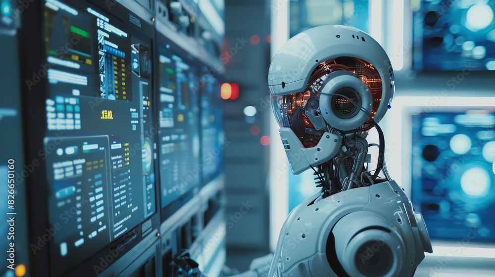Futuristic robot analyzing data on screens in a high-tech laboratory, representing advanced technology and artificial intelligence.