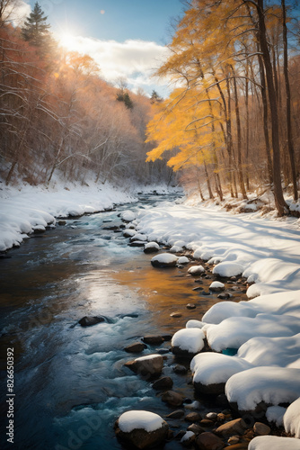 Stunning view of winter landscape wallpaper in forest creek filled with snow