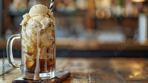 An artisanal root beer float  with vanilla bean ice cream overflowing from a frosty mug  on a wood table with a striped straw.