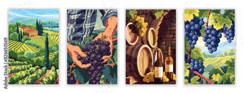 Vineyard Landscape and Winery Field with Villa Farmhouse. Hand Drawn Vector Illustration Poster Featuring Wine Cellar with Wooden Barrels, White Wine Bottle, and Man Harvesting Grapes
