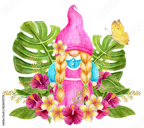 Gnome girl with summer tropical flowers and monstera palm leaves. Watercolor drawing. Garden cute gnomes clipart. Aloha Hawaii greeting.