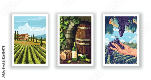 Vineyard Landscape and Winery Field with Villa Farmhouse. Hand Drawn Vector Illustration Poster Featuring Wine Cellar with Wooden Barrels, White Wine Bottle, and Man Harvesting Grapes