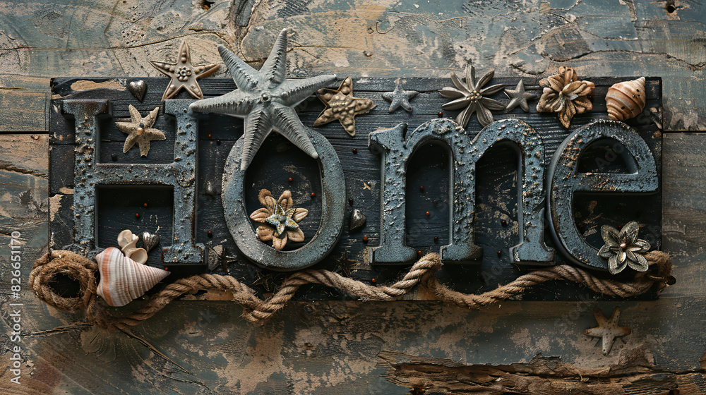 Fototapeta premium wooden word front or text Home in front of blue wooden background with sea shells , sea fish , starfish