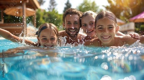 A family of four is enjoying a day at the pool, with the children splashing