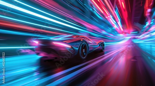 Racing car posters. Car race banner. close up futuristic car with high fast and speed neon city background  car on track with glowing light  night scene neon