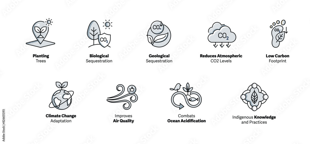 Visualizing Carbon Sequestration. Icon Concepts for Environmental Impact. Carbon Sequestration Icons. Reduce Your Carbon Footprint. Vector Editable Stroke Icons.