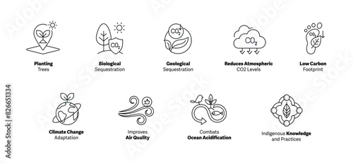 Visualizing Carbon Sequestration. Icon Concepts for Environmental Impact. Carbon Sequestration Icons. Reduce Your Carbon Footprint. Vector Editable Stroke Icons.