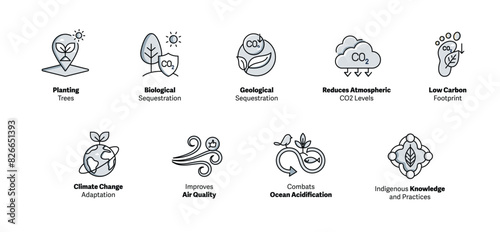 Visualizing Carbon Sequestration. Icon Concepts for Environmental Impact. Carbon Sequestration Icons. Reduce Your Carbon Footprint. Vector Editable Stroke Icons.