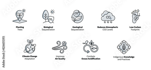 Visualizing Carbon Sequestration. Icon Concepts for Environmental Impact. Carbon Sequestration Icons. Reduce Your Carbon Footprint. Vector Editable Stroke Icons. photo