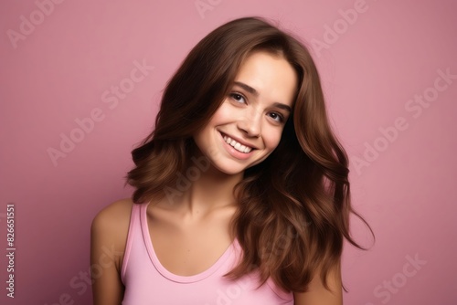 A young woman with long brown hair smiling.