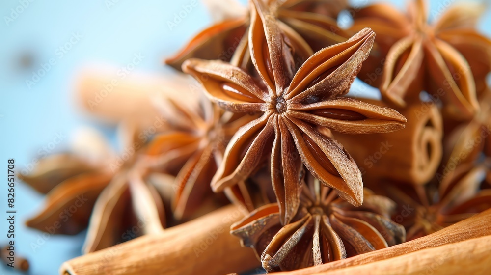 Close-up photo of star anise and cinnamon sticks, showcasing their rich textures and warm colors. Close-up photo of star anise and cinnamon sticks, showcasing their rich textures and warm colors.