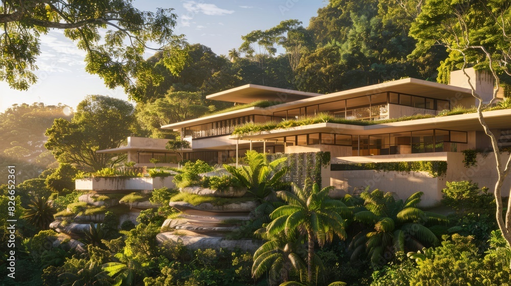 Fototapeta premium Photo of a modern architectural house with extensive use of glass and wood, surrounded by lush greenery. The image highlights the harmonious integration of the structure with its natural surroundings